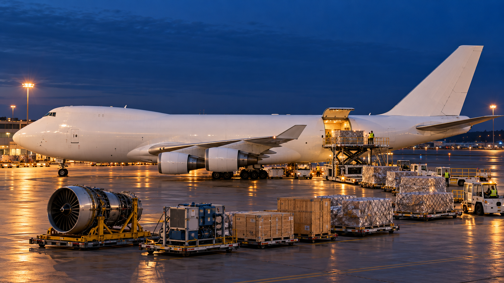A cargo aircraft with its cargo door open, with an engine on a transport stand, industrial machinery and freight crates waiting to load.